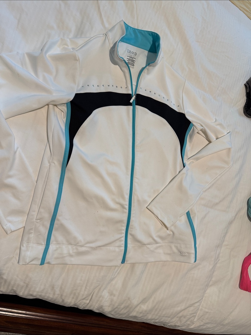 Izod XS White Full-Zip Utility Jacket with Black Panel Aqua Trim & Diamond accen